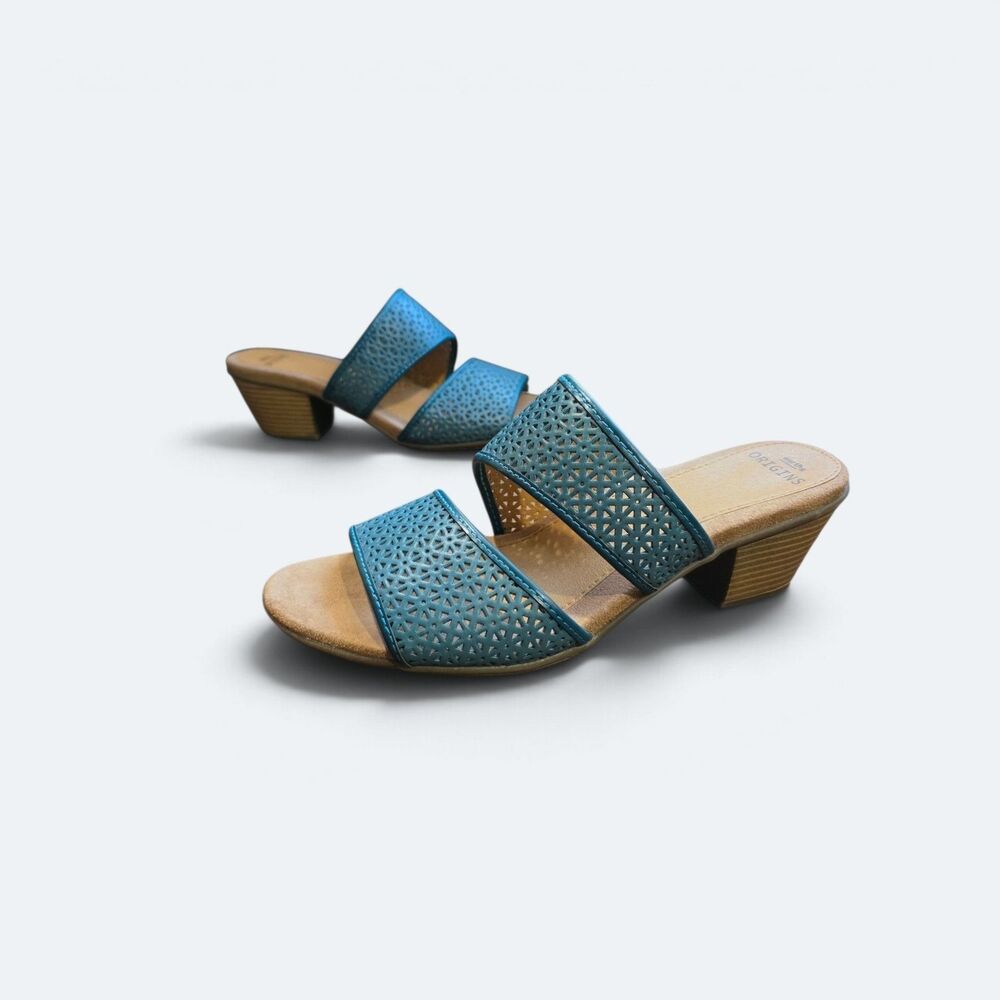 Earth Origins Cayla Teal Cutout Heeled Slide Sandals US Size 9